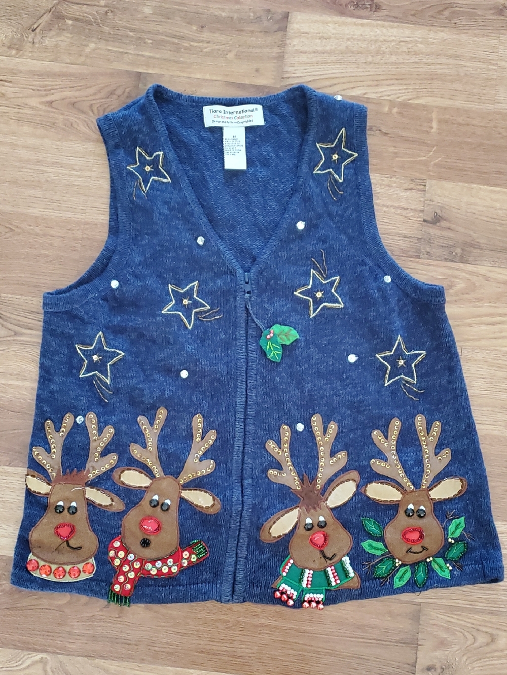 Blue Reindeer Embroidered Holiday Vest by Tiara International